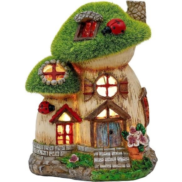 Mushroom Garden Statues with Solar Light Fairy House Cottage Figurines 7.7“